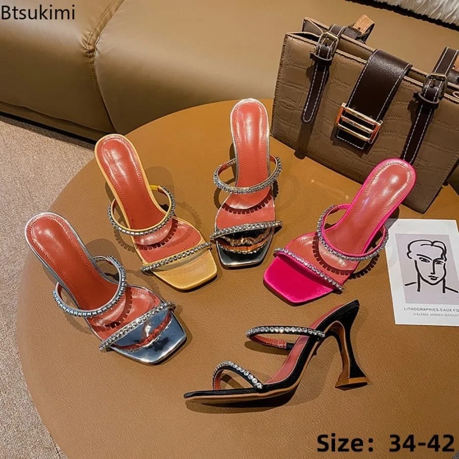 Crystal White Satin Square Toe High-heeled Slippers Rhinestone Strap Wine Glass Heel Sandals Summer New Women's Pull-on Shoes