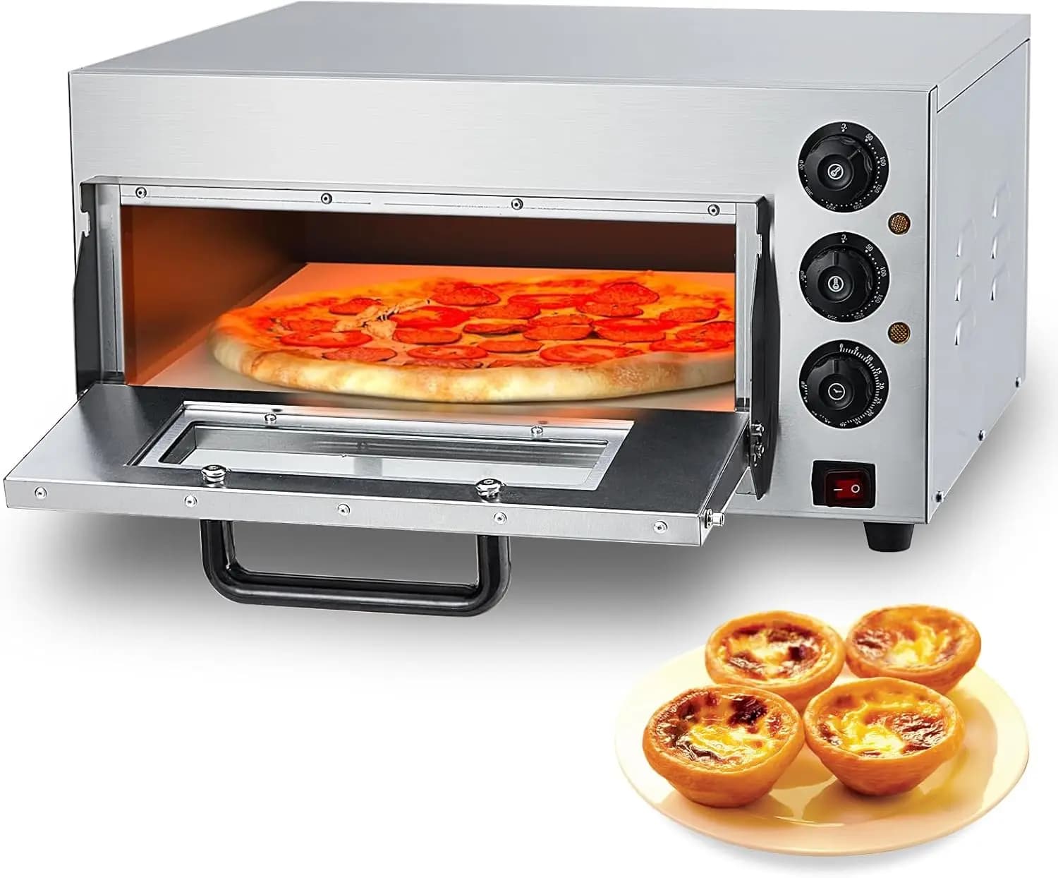 Stainless Steel 16-Inch Electric Pizza Oven, Countertop Indoor Commercial Pizza Cooker with Pizza Stone, Oven Light and Timer, 1