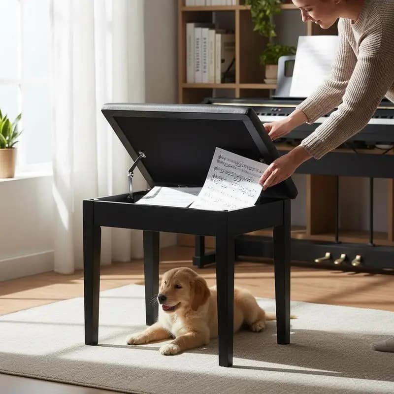 Sgabello per pianoforte 560 x 350 x 485 mm, panca per pianoforte, sedia per tastiera con cuscino imbottito, vano portaoggetti per libri musicali, panca per pianoforte, seduta per sgabello, per toeletta, soggiorno, camera da letto