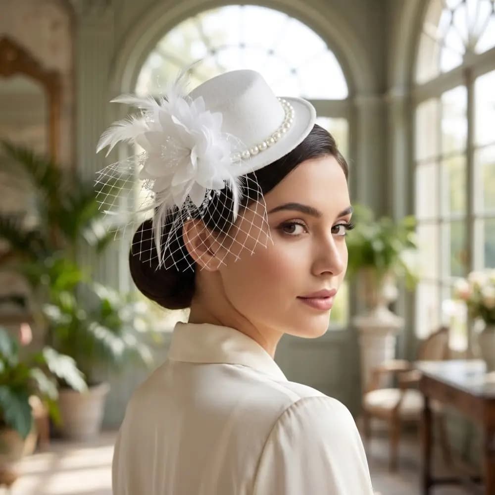 Retro Exquisite Vintage Fascinator Hat Pearl Flower Mesh Feather Hair Clip Headpiece Elegant Masquerade Headpiece Wedding