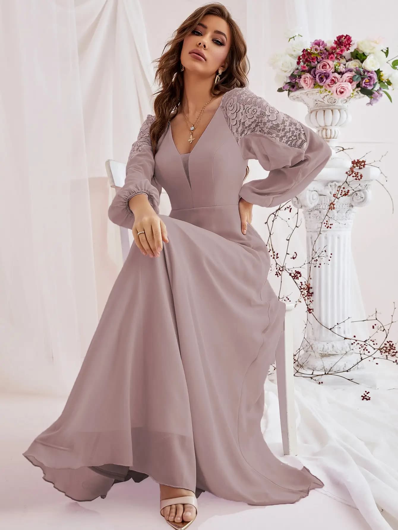 Mgiacy Abito da ballo da sera con scollo a V a maniche lunghe in chiffon di pizzo patchwork con spacco alto e maniche a lanterna Abito da festa Abito da damigella d'onore