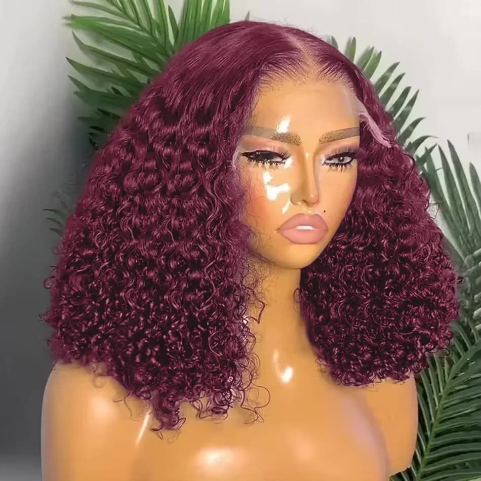 99J Burgundy Bob Lace Front Wig Short Bob Hair Wig Human Hair 13x4 Water Deep Wave Frontal Wig Red Deep Curly Wigs 200 Density