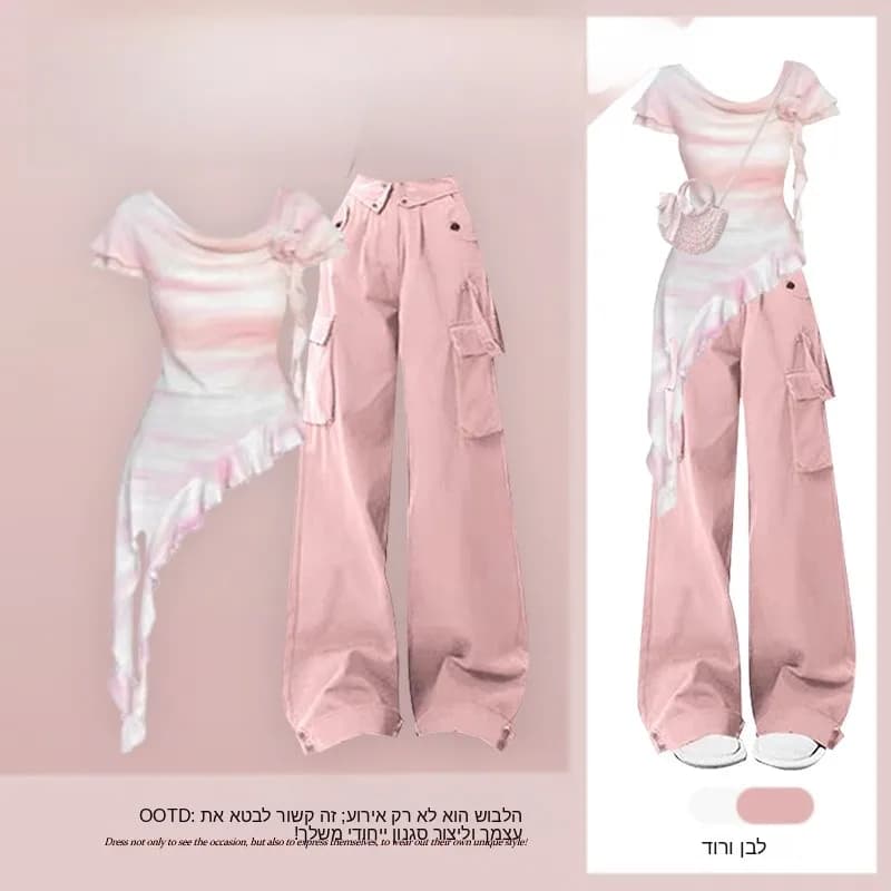 Summer Korean Style Women's Dopaamine Outfit Irregular Short Sleeve T-Shirt with Pink Workwear Pants Two-Piece Set Fashionable
