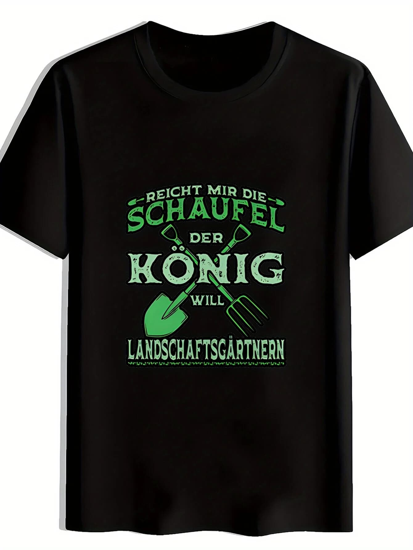 Men's casual short-sleeved t-shirt with motifs of black gardening tools and written in German, summer top with round neck