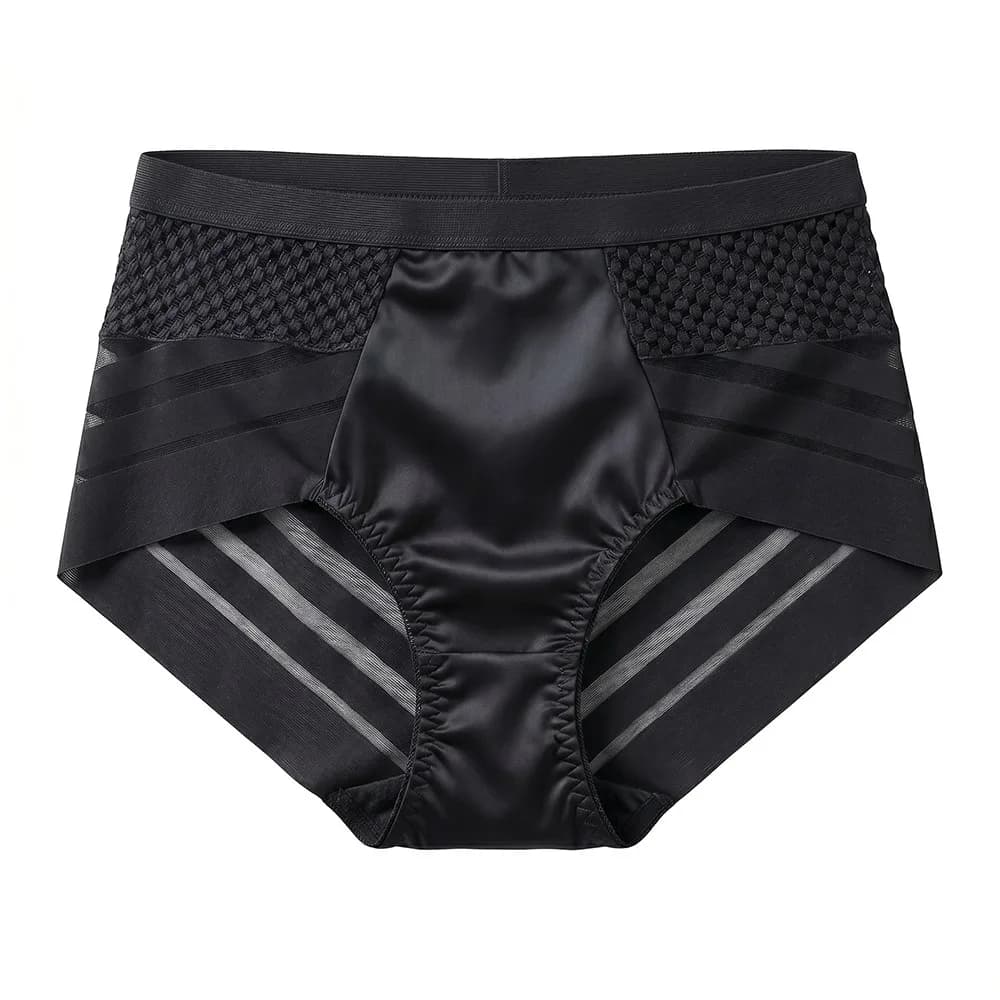 Breathable Mid Waist Satin Silk Briefs Transparent Underpants Mesh Panties Summer Cotton Crotch Women's Underwear Women