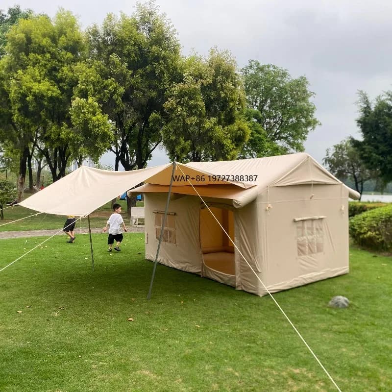 Tenda da cabina gonfiabile ad aria per glamping all'aperto per famiglie, tela e colonna d'aria, campeggio per quattro stagioni con pompa d'aria e baldacchino per una camera da letto