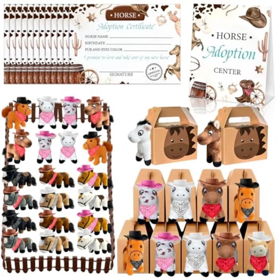 Set da 103 Pezzi per Festa 'Adotta un Animale' Include 20 Mini Peluche, 20 Scatole, 20 Cappelli, 20 Sciarpe, 20 Carte, 1 Cartello 'Adotta', 2 Recinzioni per Adottati