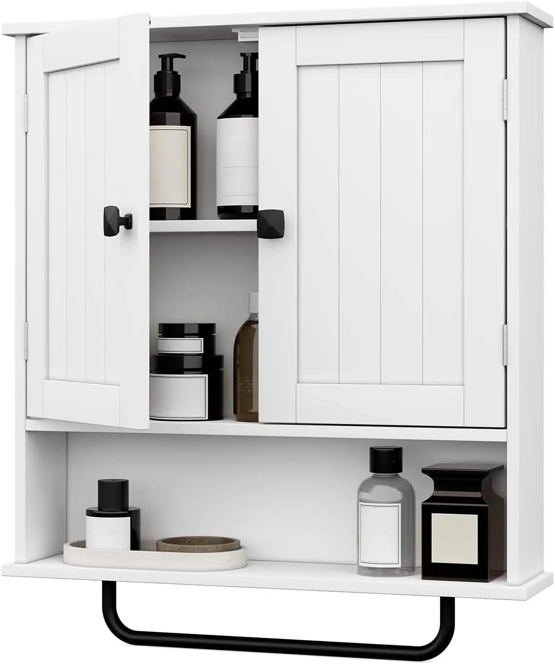 Mobiletto da Bagno a Parete con Porta Asciugamani, Armadietto Sopra WC, 2 Ante e Ripiano Regolabile, Bianco