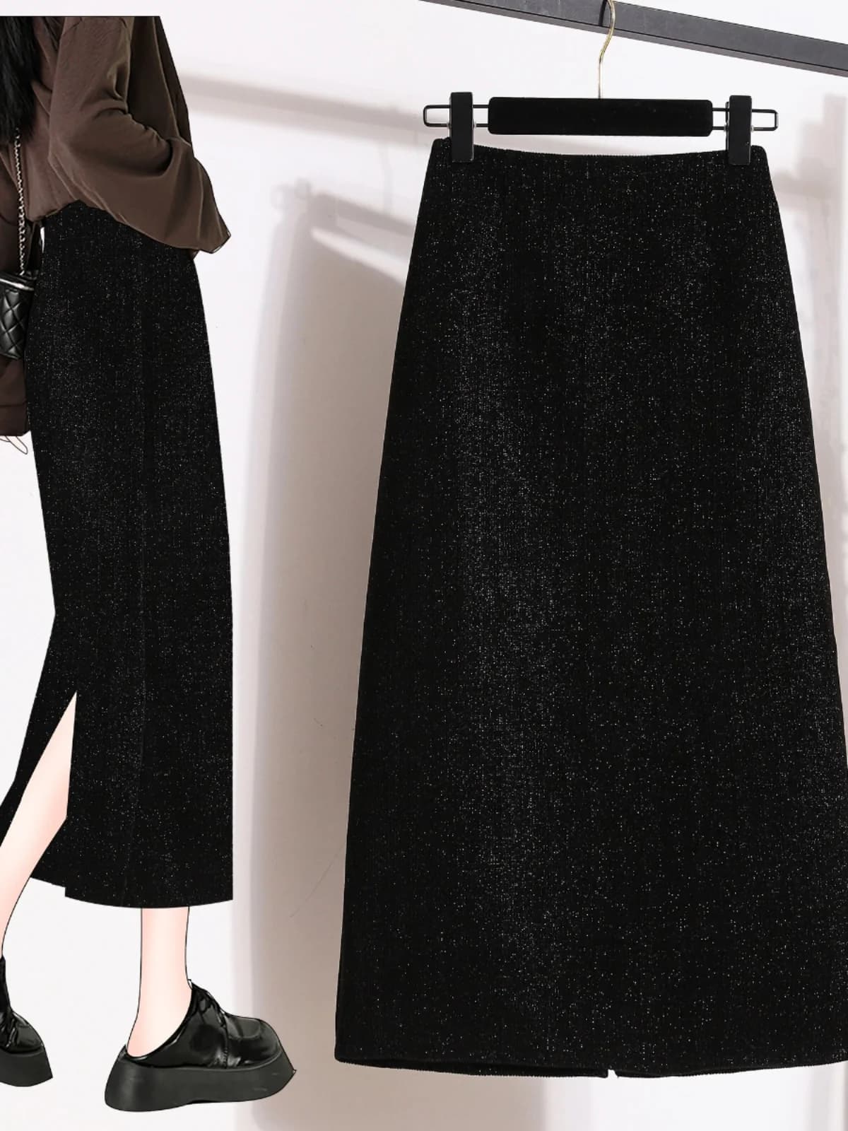 Black Shiny Thread Wrap around mid Long A-Line Skirt for plus Size Women Early Autumn High Waist Straight Cut Commute Style