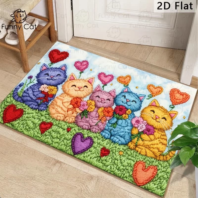 VIKAMA Cartoon Heart Cat Tappetino per ingresso, corridoio, resistente all'usura, antiscivolo, tappetino per i piedi, tappetino carino per camera da letto