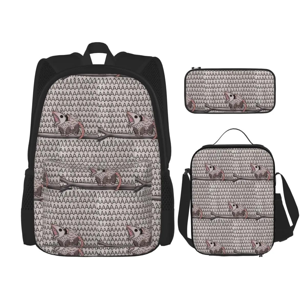 Opossum Scream Cartoon Cute Possum Backpacks Kids Bookbag School Bags Rucksack Lunch Bag Pen Bag Three-Piece Set