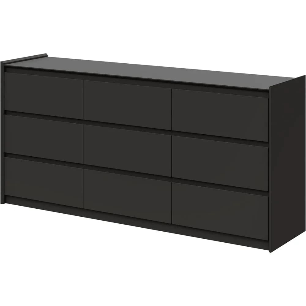 Cassettiera Extra Larga a Nove Cassetti, Mobile Moderno in Legno con Maniglie Nascoste, Antiribaltamento, Grande Armadio Contenitore per Camera da Letto, Nero Opaco