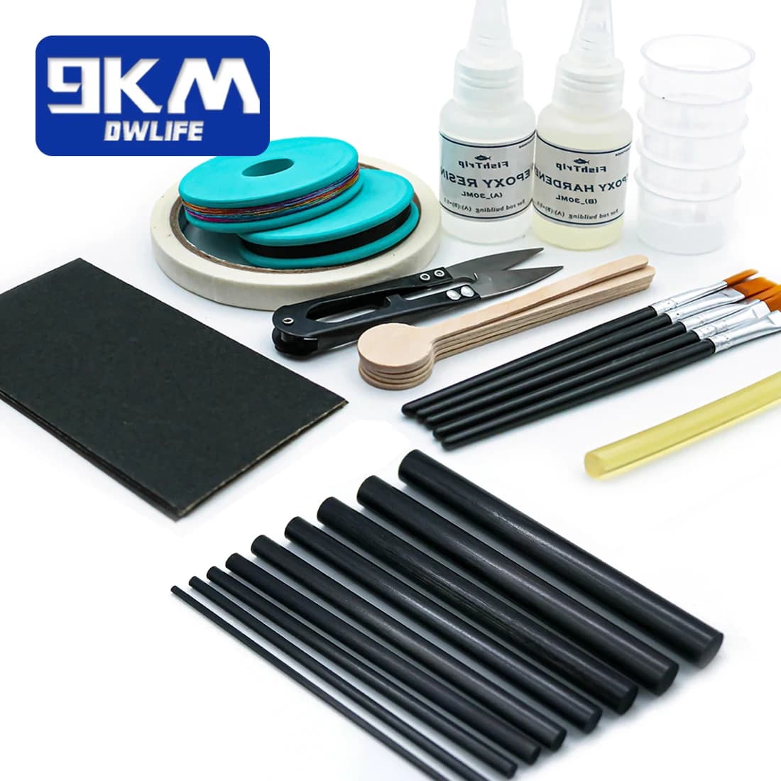 Kit di riparazione per canna da pesca completo con resina epossidica, kit di costruzione per asta in fibra di carbonio da 10 pezzi, colla AB, filo da imballaggio per acqua salata