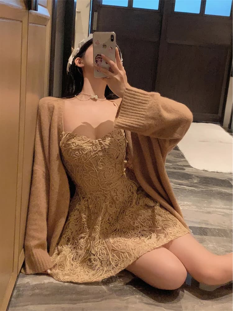Chic Spicy Girl Set Women's Aosphere Sweater Jaet One Whole OOTD Matching High-End Strap Dr Faionable Two-Piece Suit