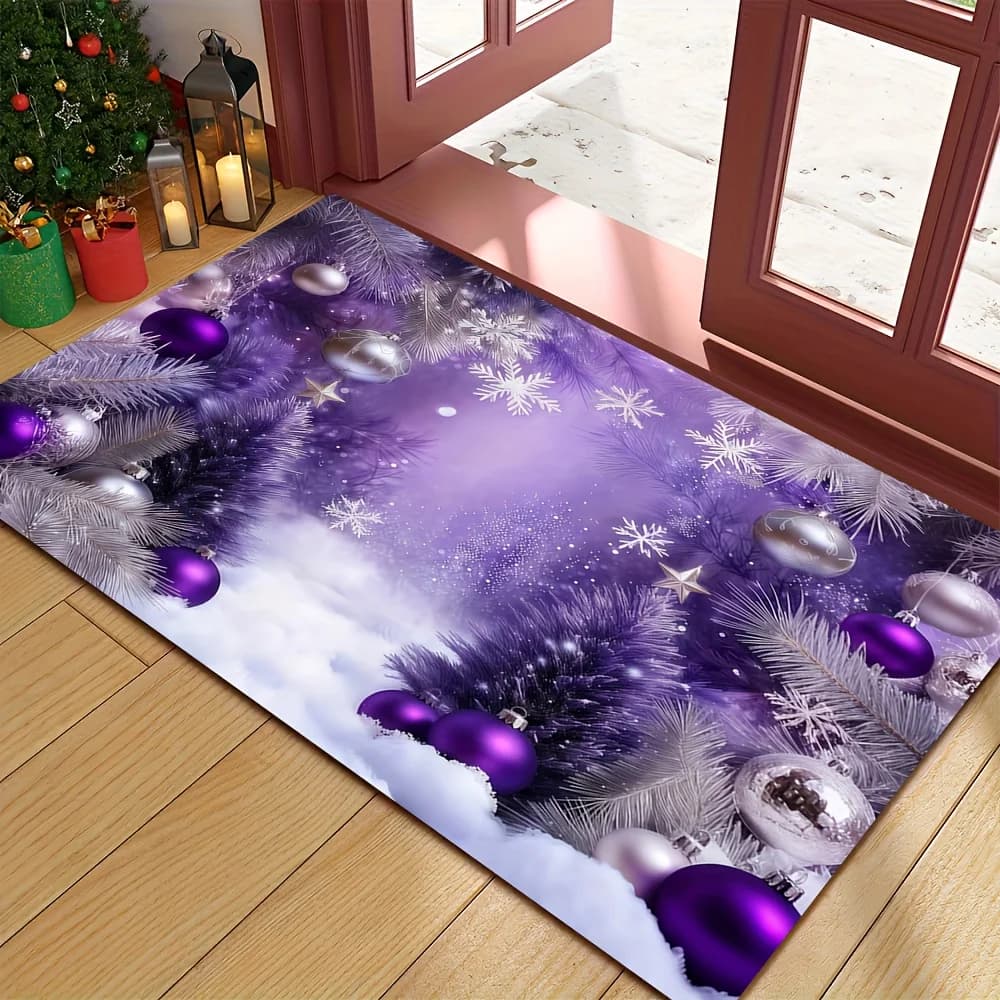 Purple Silver Christmas Bauble Pine Snowflake Print Non Slip Front Door Mat Winter Holiday Indoor Entryway Floor Decor Rug