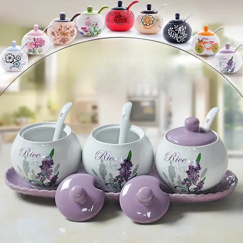 Set of ceramic jars, home storage box, dressing bottle, combined sugar and salt set, elegant kitchen decoration
