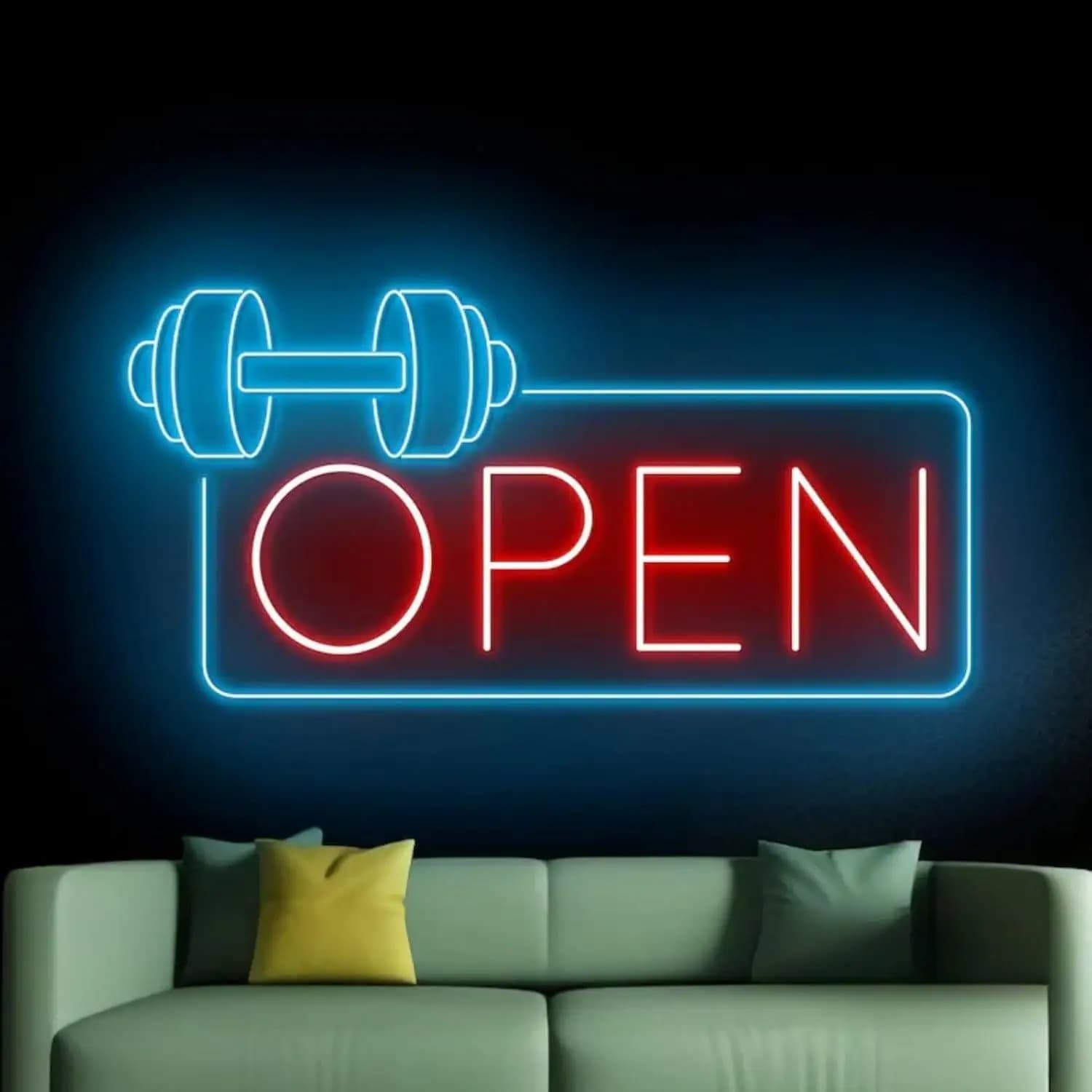 Insegna al Neon 'Open' per Palestra, Luce LED a Forma di Manubrio per Sala Esercizi, Club Fitness, Decorazione Murale, Insegna per Vetrine Commerciali