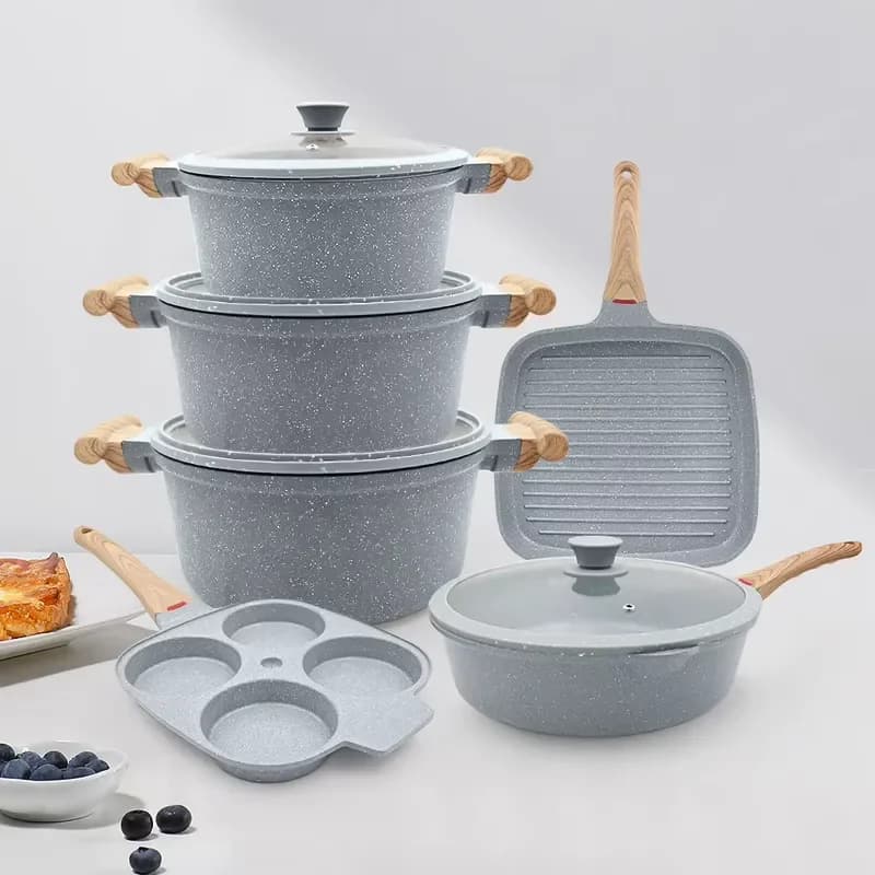 Eco-Friendly Kitchen Egg Steak Grill Pan Fry Pan Cooking Pot Set Cast Aluminum Ceramic Cookware Set Non-Stick with Glass Lid