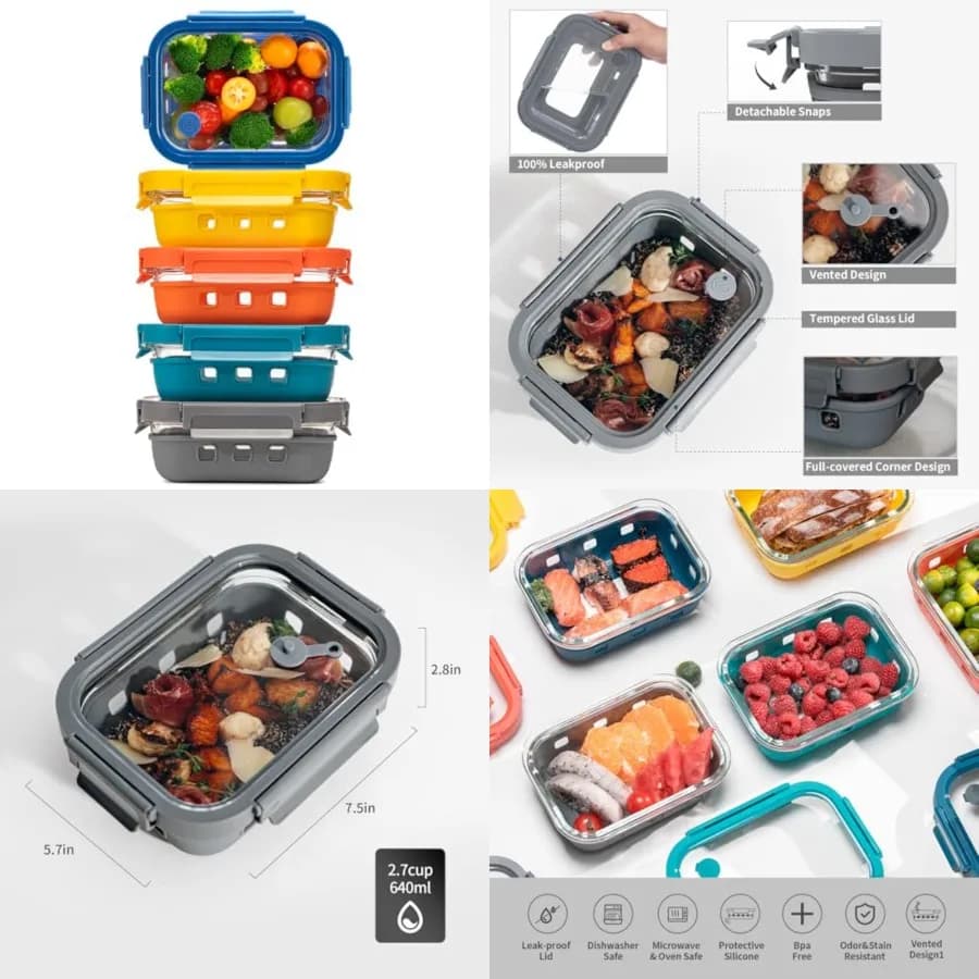 Set di 5 Contenitori in Vetro per Alimenti da 2.7 CUP con Coperchi in Vetro, Set di Contenitori Ermetici per Preparazione Pasti con Guaina in Silicone, Senza BPA, D