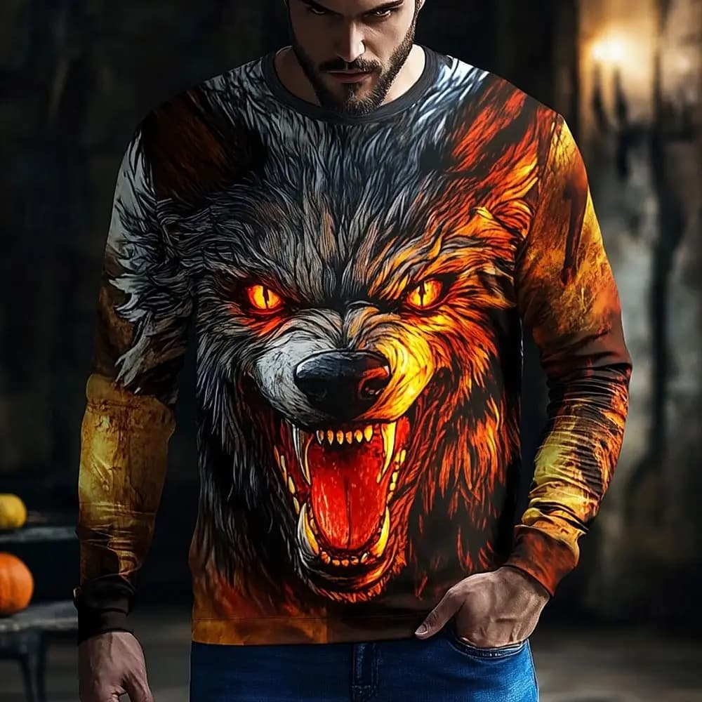 2026 Fall Halloween Werewolf Printed Long Sleeve T-Shirts for Men Trendy Streetwear Casual Tops Halloween Theme Casual y2k Tees