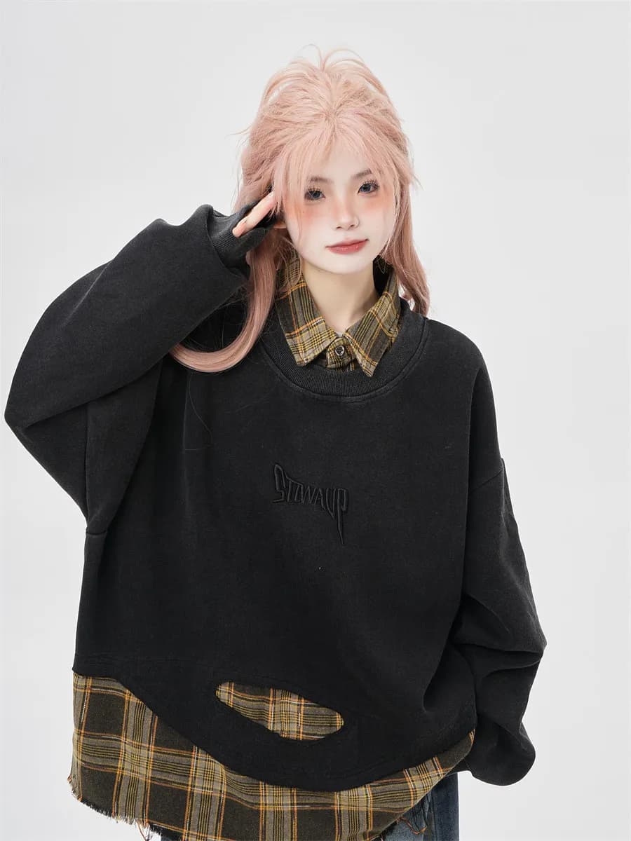 Women's oversize hoodie, American style, with two-piece effect, four-piece fantasy, patchwork, washed, crew neck, Autumn Spring 2026
