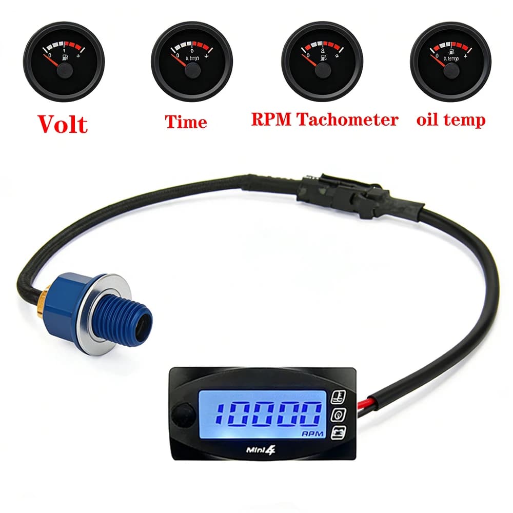 Indicatore di Temperatura Olio per Moto, Voltmetro, Orologio, Tachimetro, Mini Display LED 4 in 1, Strumento di Misurazione con Termometro