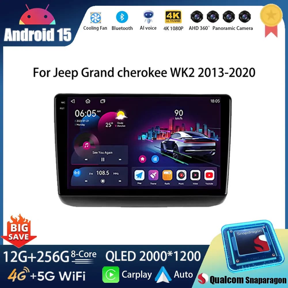 Qualcomm Android 15 Autoradio Lettore Video Multimediale Per Jeep Grand Cherokee WK2 2013 - 2020 2K Schermo QLED di Navigazione GPS WIFI