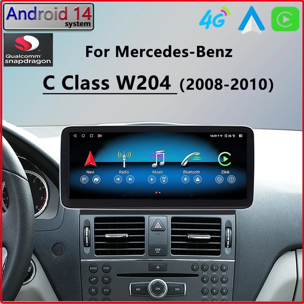 W204 Android 14 Qualcomm Per Mercedes Benz Classe C200 C180 2008 Autoradio di Navigazione GPS CarPlay BT HD Schermo Lettore Multimediale