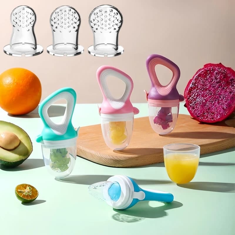 Set 3 in 1: Ciuccio Alimentatore per Frutta, Senza BPA, in Silicone, per la Dentizione dei Neonati e l'Alimentazione dei Bambini