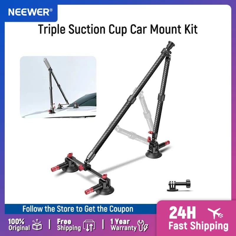 NEEWER Triple Suction Cup Car Mount Kit, Carbon Fiber Camera Mount with Action Camera Adapter, For GoPro Insta360