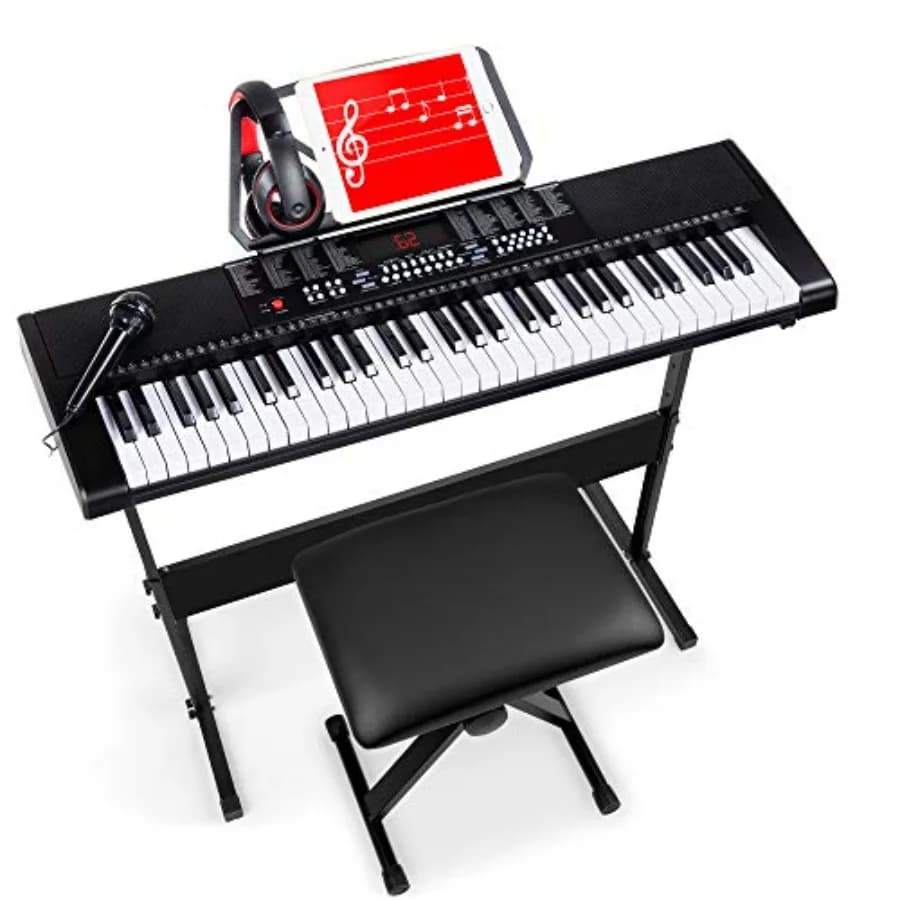 Beginner electronic keyboard set for home practice: 61-key portable piano with LED screen, stand, bench, headphones black ABS p