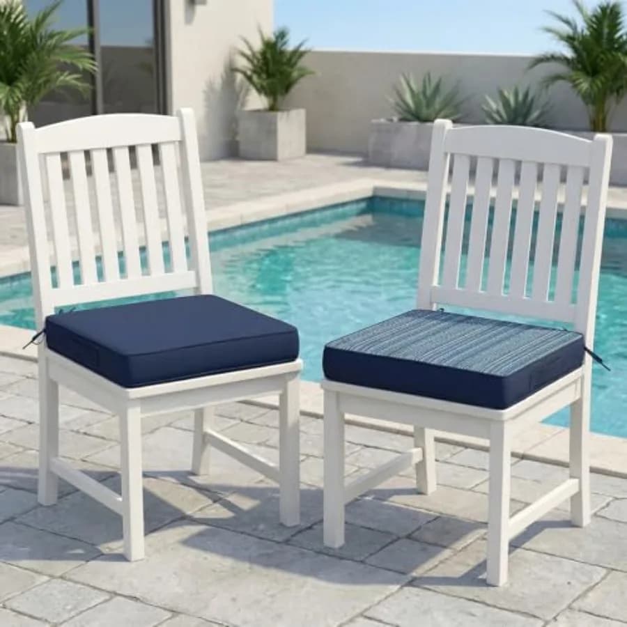 Outdoor Chair Cushions Set of 2, 20"x20"x3" Waterproof Outdoor Seat Cushions for Patio Furniture, Navy Blue Stripe Reversible P