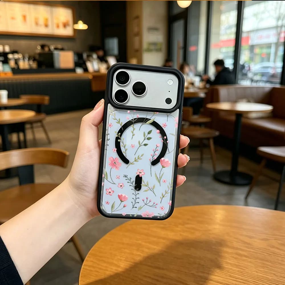 Per iPhone 17 16 15 14 13 12 11 Pro Xs Max Plus Air Mini XR X 17e 16e Cover Trasparente con Stampa Floreale e Supporto MagSafe