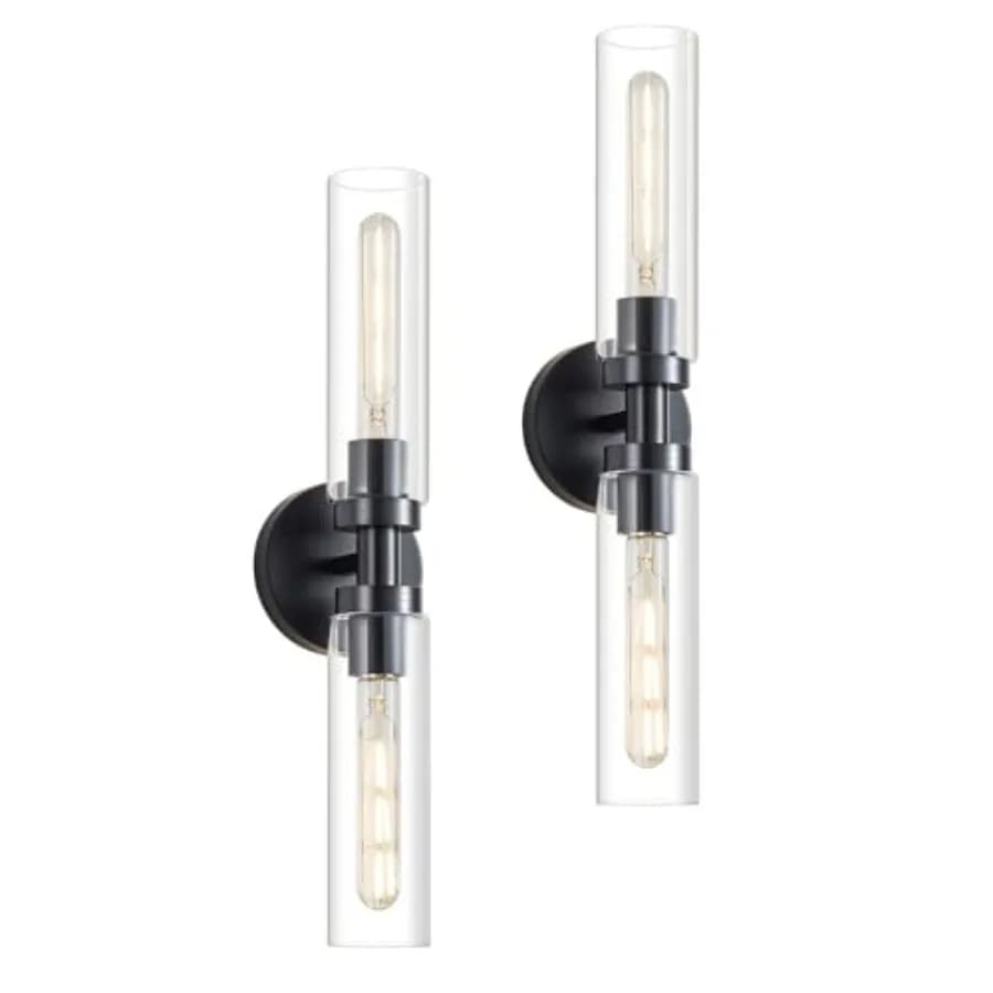 Set di 2 Applique da Bagno a 2 Luci, Lampada da Bagno Moderna Stile Fattoria Sopra Specchio con Paralume in Vetro Trasparente, per Van