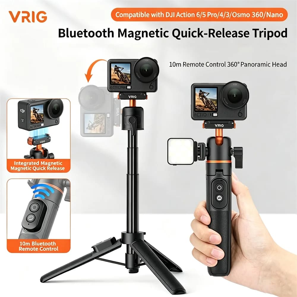 VRIG AC-90S Magnetic Tripod for DJI Action 6/5 Pro Quick Release Camera Selfie Stick Tripod w Bluetooth Remote+Coldshoe+Ballhead