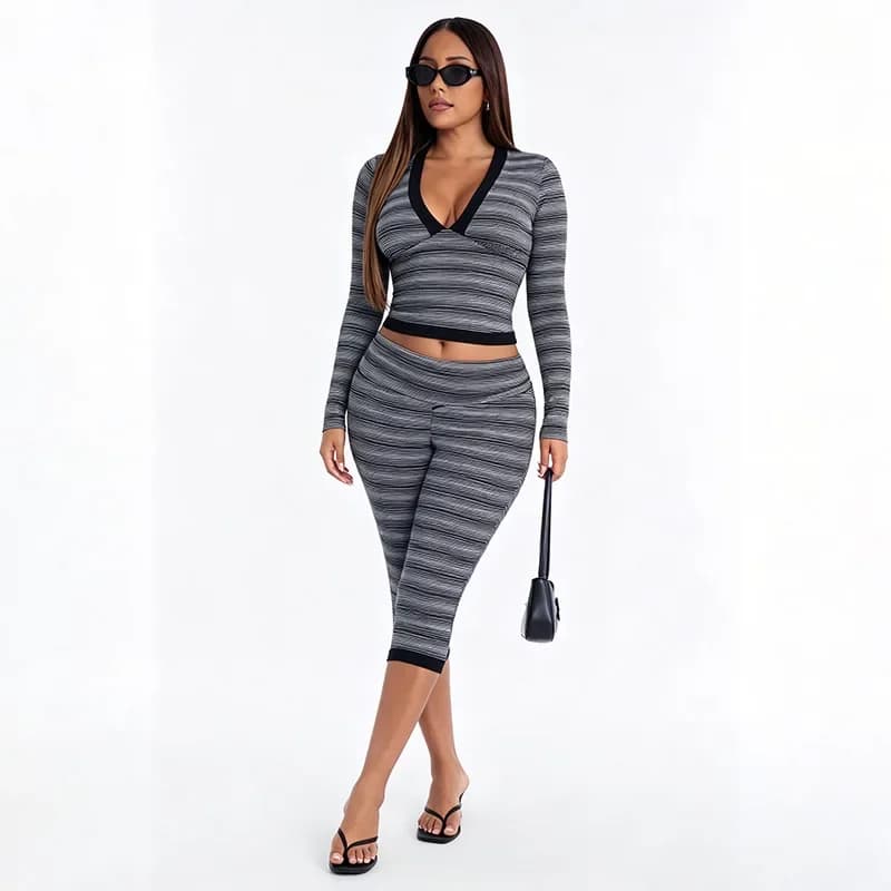 Casual Striped Print 2 Piece Pant Set Women Y2K Autumn Winter Outfit Long Sleeve V Neck Slim Crop Top Shirt Pants Matching Sets