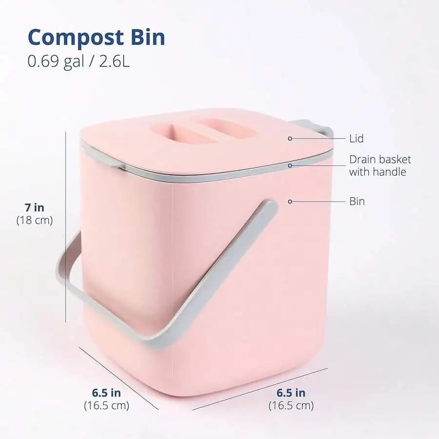 Kitchen Compost Bin 2.6L Odor Tight Countertop Food Waste Pail With Handle Pink