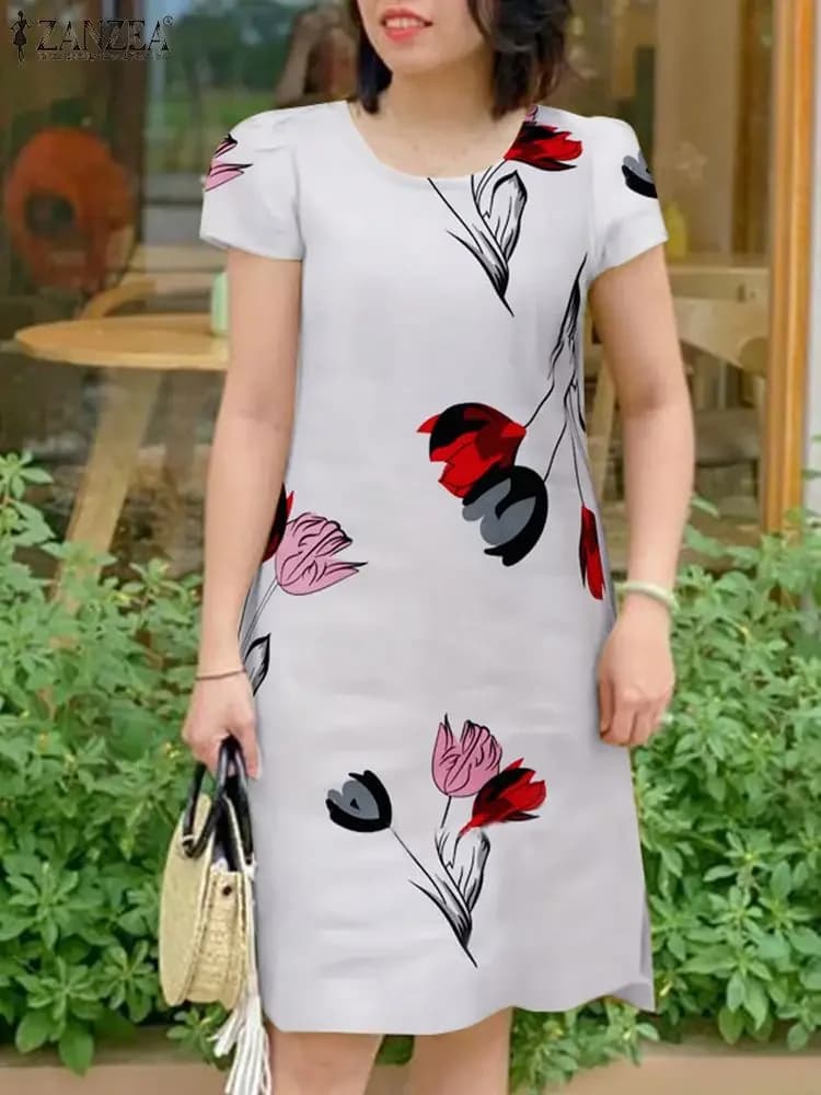 Summer Elegant Floral Short Sleeved Dress Casual Holiday Vest Women's Sun skirt Crew Neckline Knee Length Women's Dress 2025
