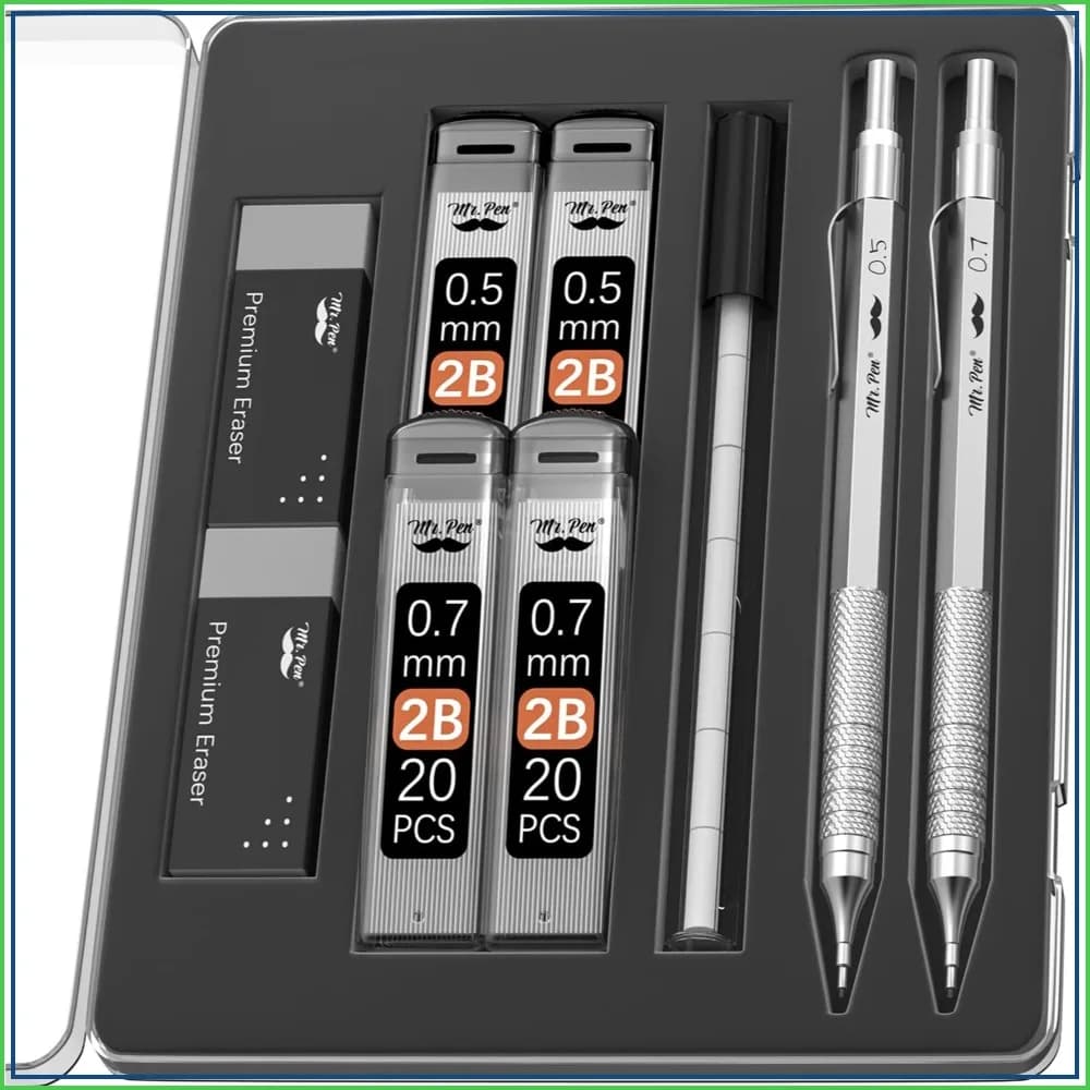 Metal Mechanical Pencil Set 0.5 & 0.7mm with Lead Refills & Erasers, 2 Pack for School, Office, Drawing, Sketching