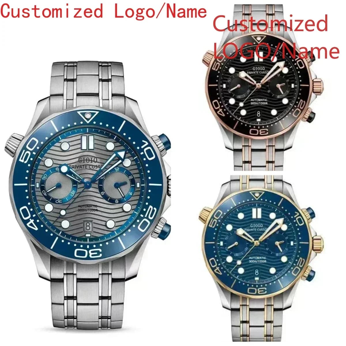 Orologio Cronografo da Uomo A191 44mm al Quarzo, Luminoso, con Cinturino in Gomma Nera, Blu, Ceramica, Oro Rosa e Acciaio Inossidabile Personalizzato