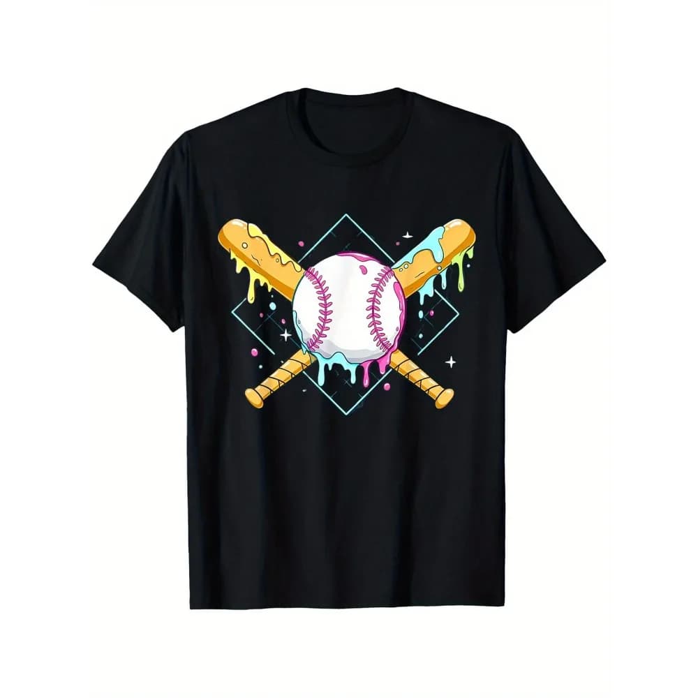 Pastel Drip Baseball T shirt Crossed Bats Design Casual Round Neck Short Sleeve Tee For Baseball Fans Trendy Style Lovers