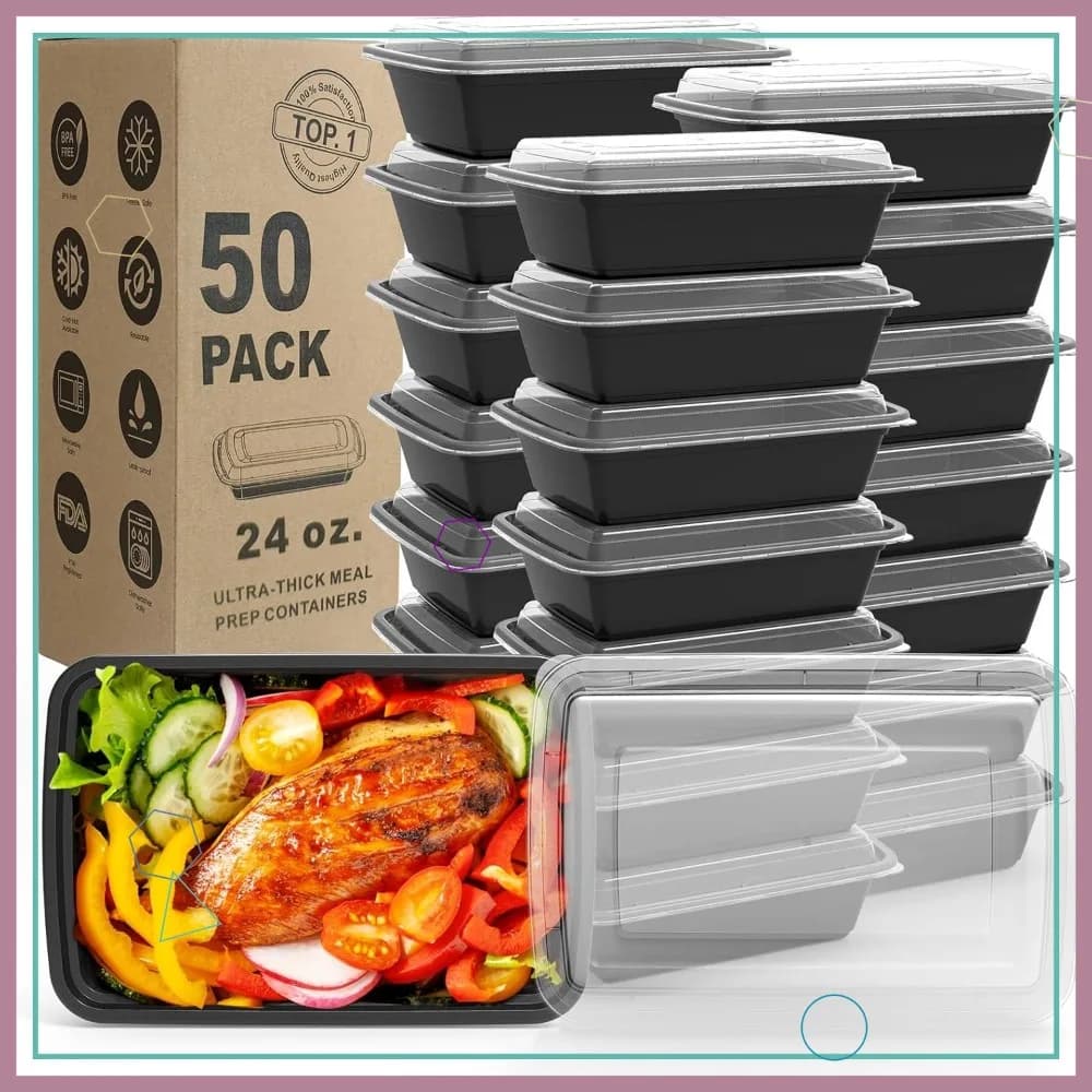 Confezione da 50 Contenitori per Preparazione Pasti, Scatole Bento Extra Spesse, Senza BPA, Adatte per Microonde/Lavastoviglie/Congelatore, 24 oz