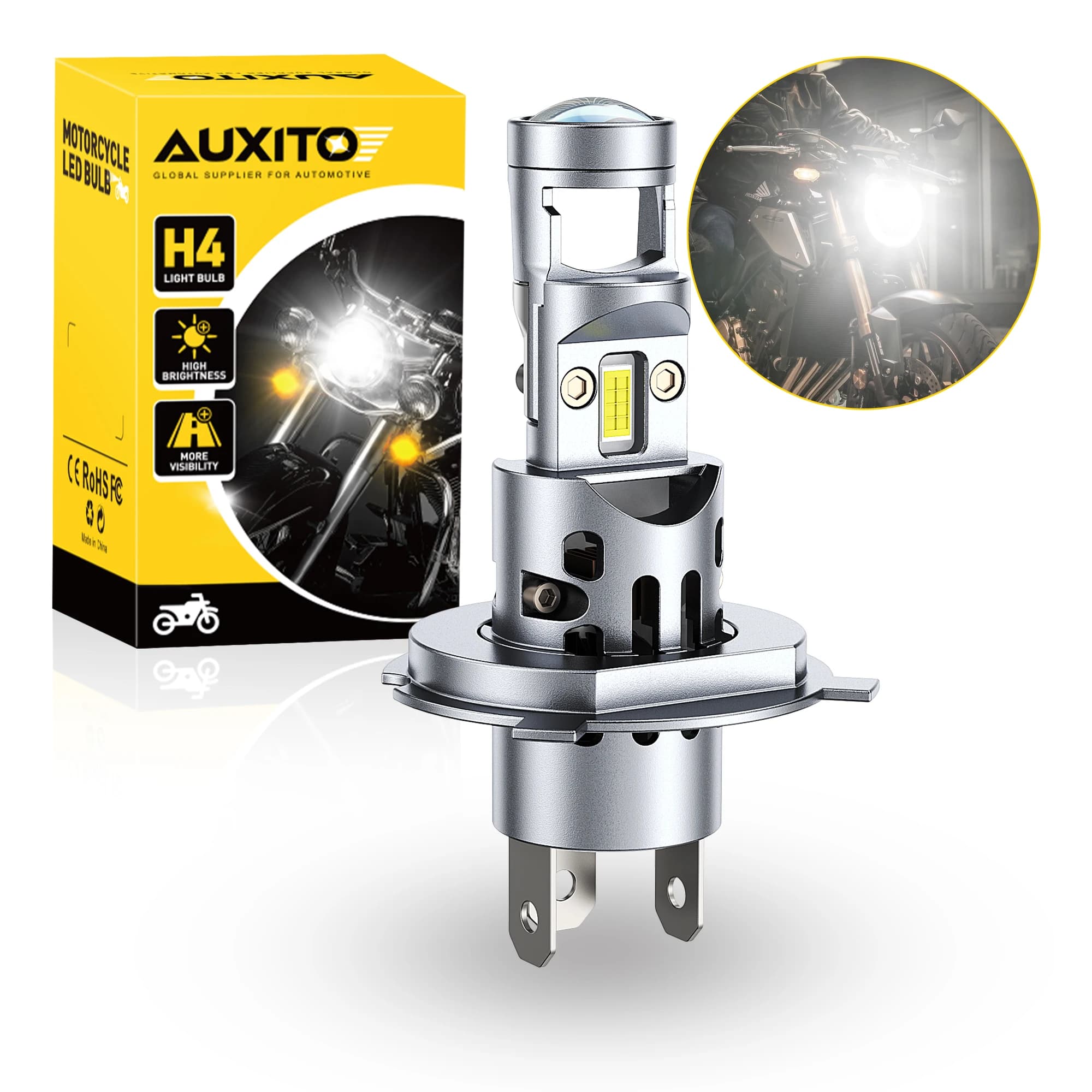 AUXITO 1 Pz Turbo H4 9003 HB2 Faro LED per moto 10000LM Fascio alto e basso Luci per fari per moto con LENTE HD Super luminoso