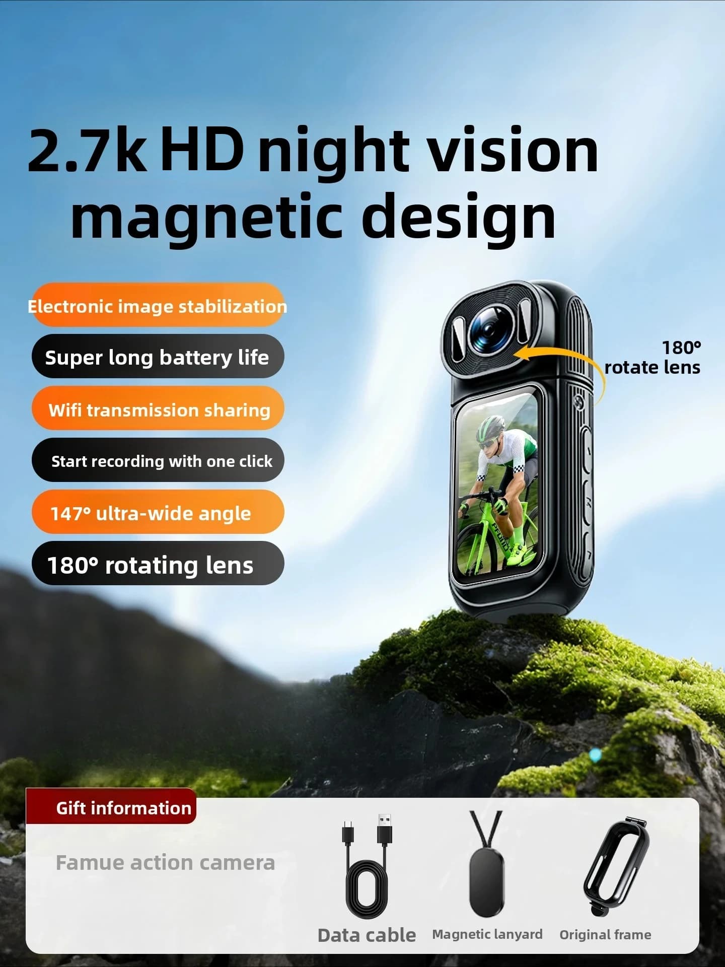 2.7K Action Camera 180° Rotatable Lens Night Vision EIS Anti-Shake Magnetic Mount WiFi Vlog Sports Cam