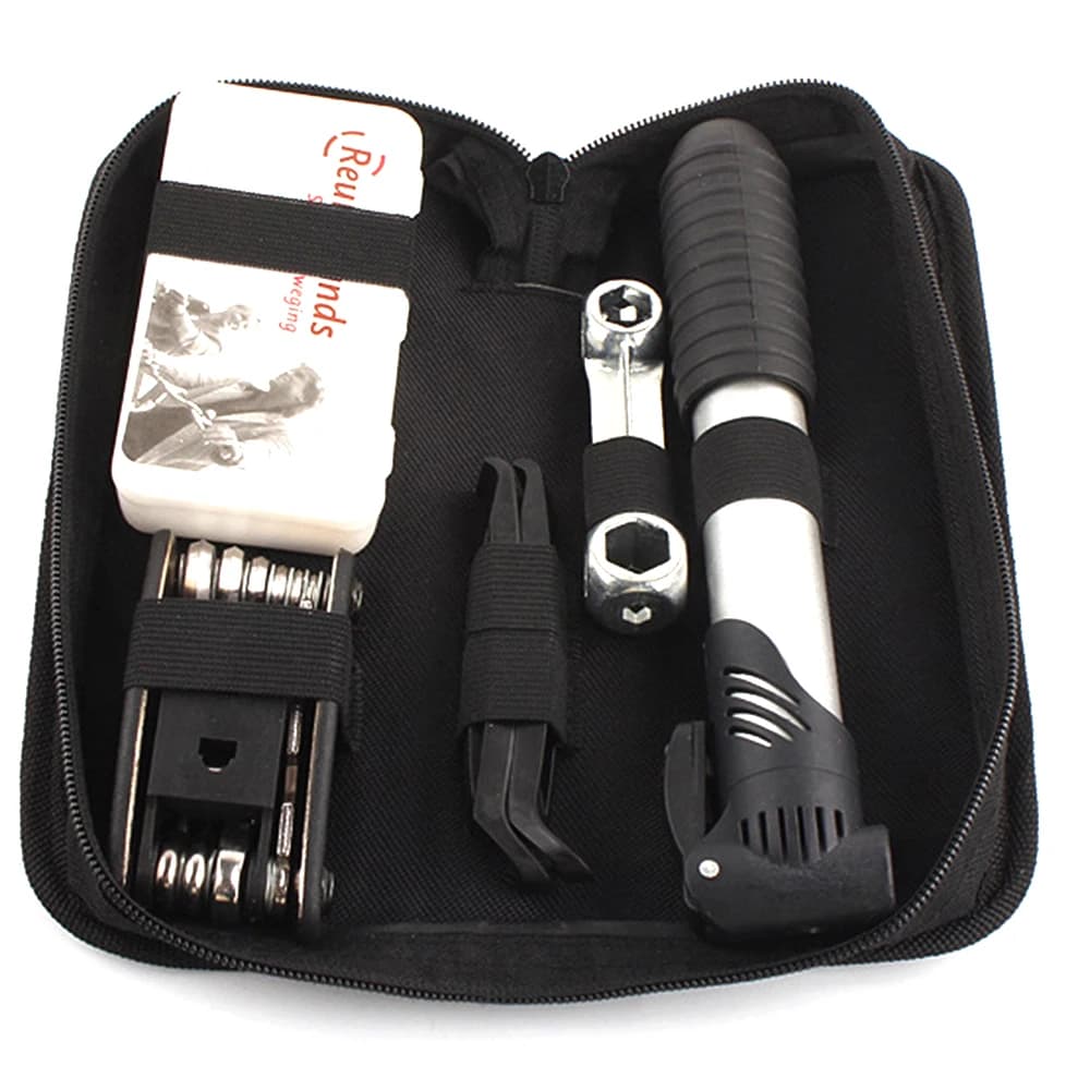 Borsa per attrezzi da bicicletta Kit di riparazione pneumatici pieghevoli multifunzione con pompa a marsupio, toppe per pneumatici senza colla, strumento per bici di emergenza tutto in uno