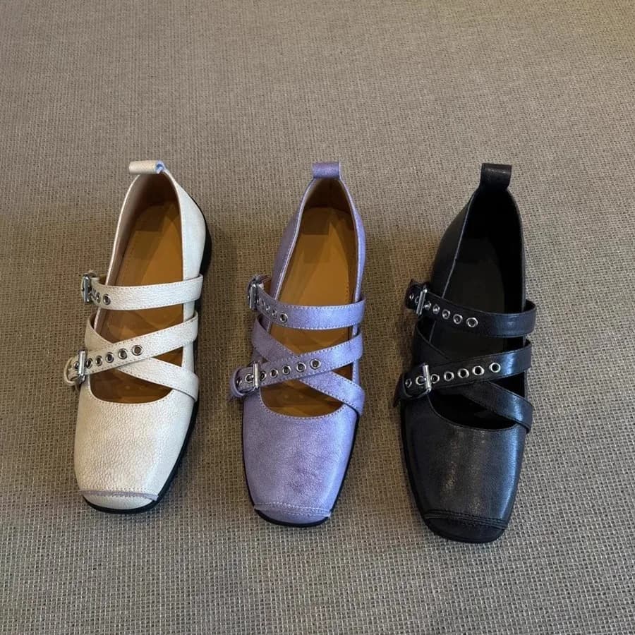 Women's Genuine Leather Shoes Design Sense Mary Jane Women's Shoes Closure with Belt Cross Belt Chunky Heel Women's Shoes Trend