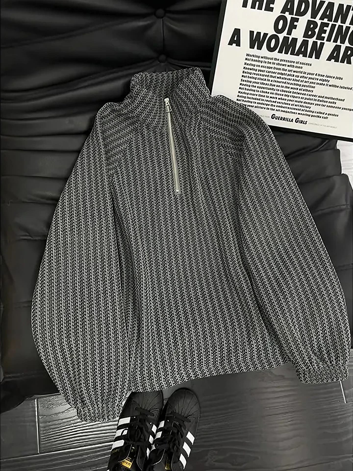 Deep Grey Plaid Hoodie Men's Autumn Winter Half Zipper Stand Collar Fleece Lined Versatile Warmth Casual Long Sleeve Top