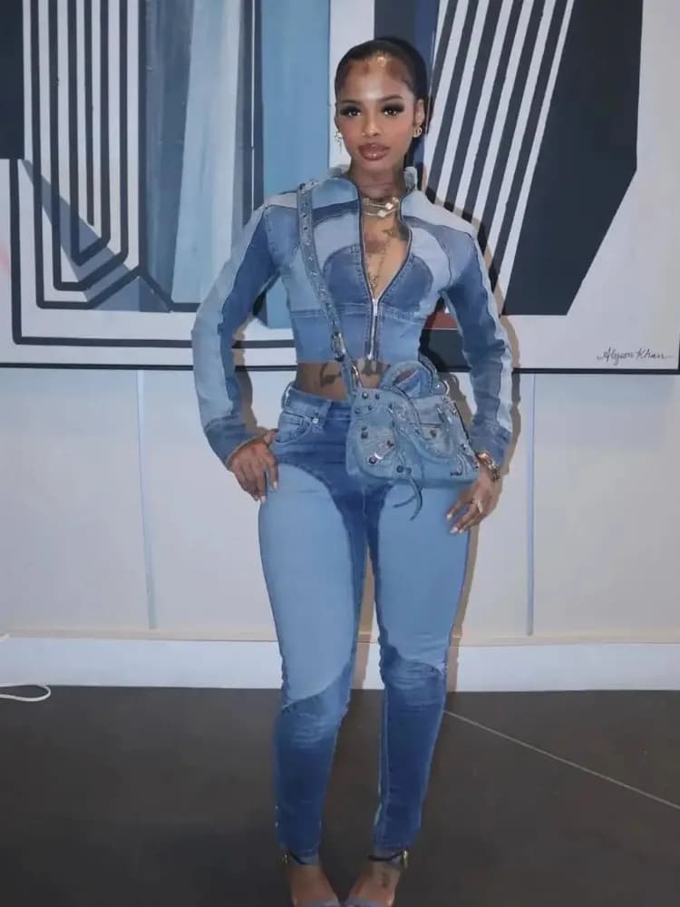 Leosoxs Denim 2 Piece Set Women Tracksuit Button Patchwork Full Sleeve Zip Crop Coat+Skinny Pens Casuals Trend Streetwear