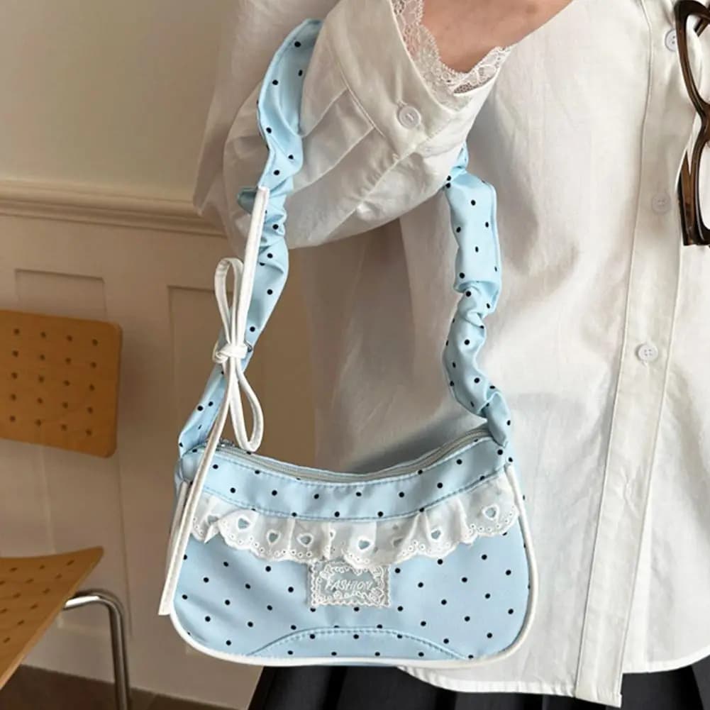 Lace Polka Dot Shoulder Bag Mini Square Stretchable Strap Pleated Underarm Bag Multi-Color French Stick Handbag