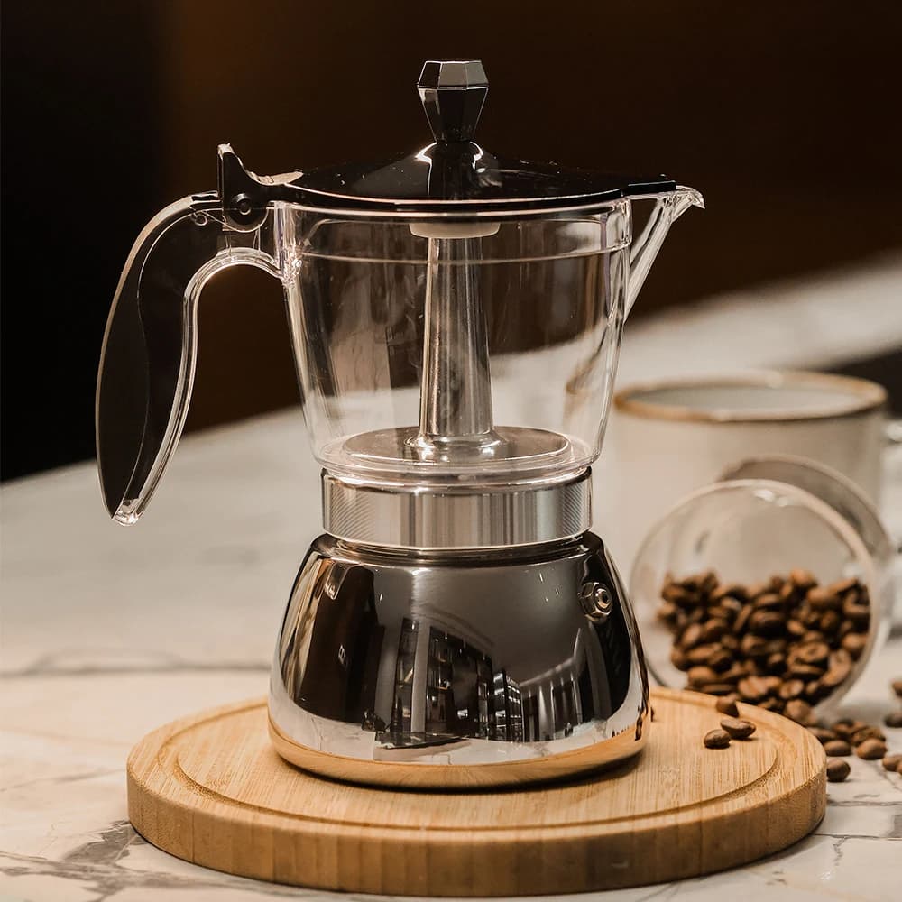 4/6 Pentola per moka trasparente in acciaio inossidabile. Corpo unico in resina trasparente, base 430. Uso domestico/ufficio/campeggio. Funziona su induzione e gas